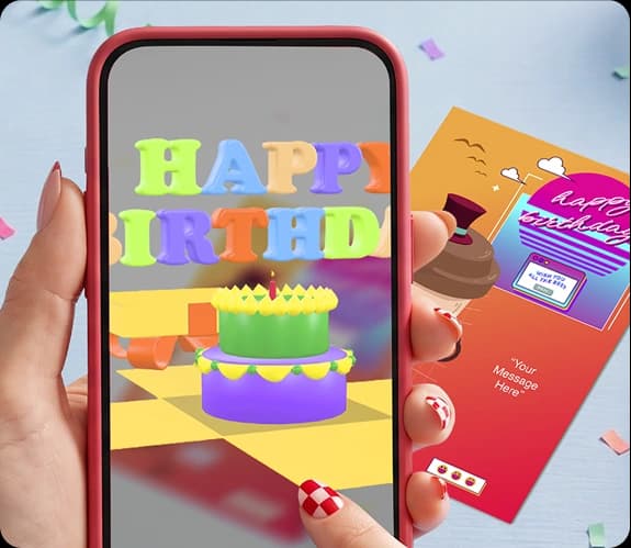 Colourful AR birthday card held in a hand