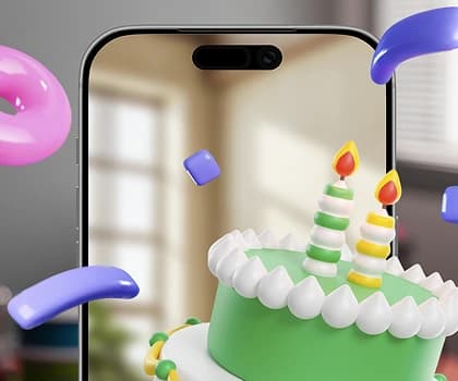 3D birthday cake rising from a phone screen