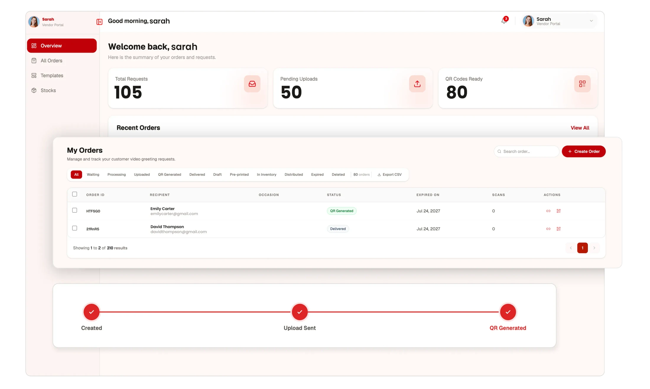 GiftLips vendor dashboard showing recent orders and QR status